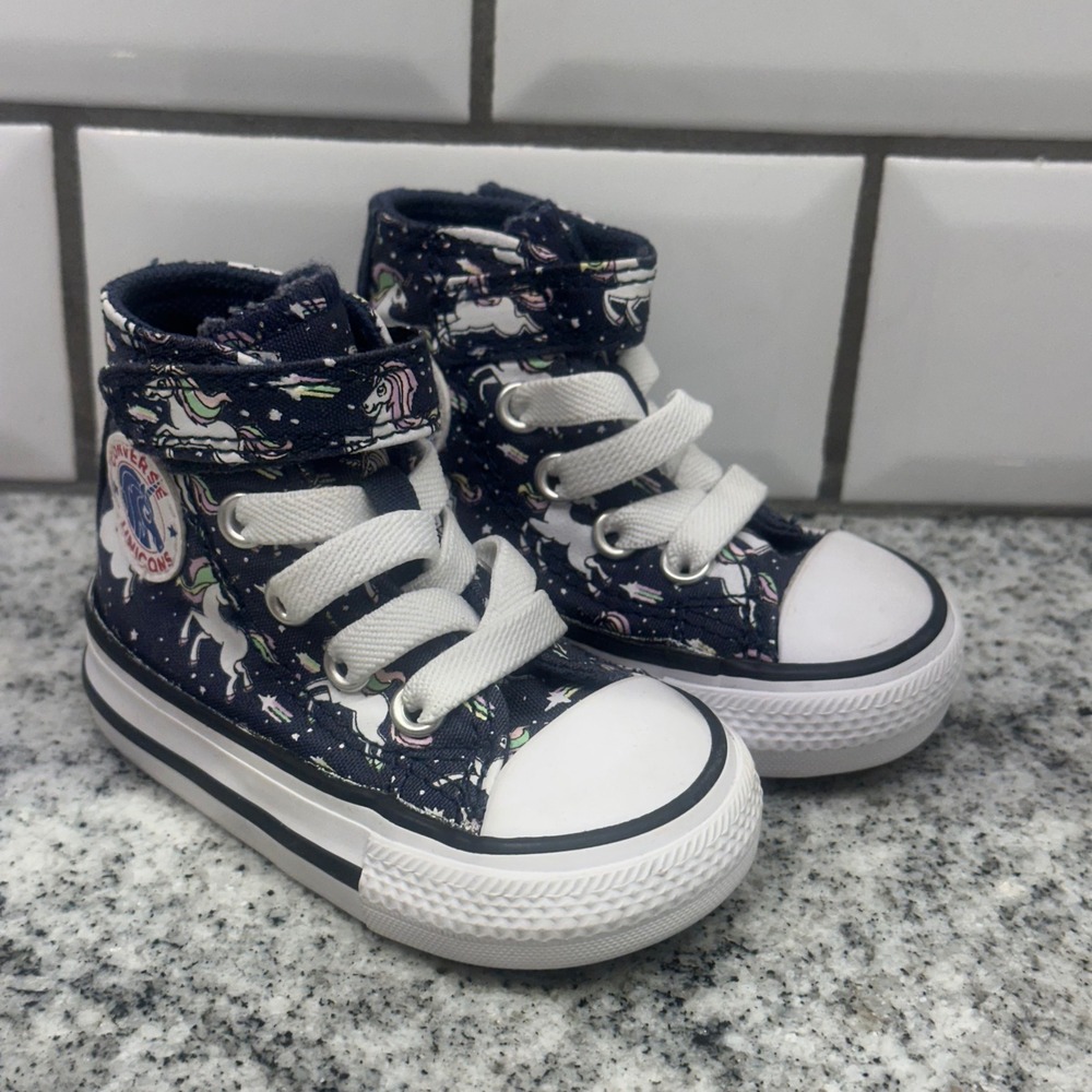 Converse Kids 2 Chuck Taylor High Top Navy Blue Unicorn Print Hook Loop Sneaker
